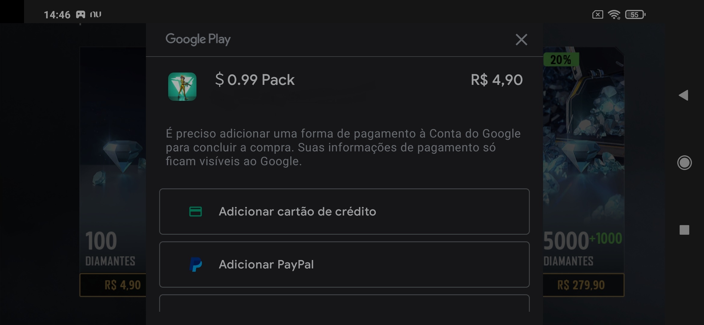 Compra na Steam com cartão de crédito.